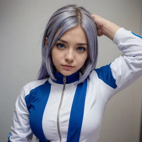 Panel de my hero academia de una chica de piel aperlada de cabello color blanco y azul con los ojos color violeta, con expresion un poco seria portando el uniforme de la academia uA