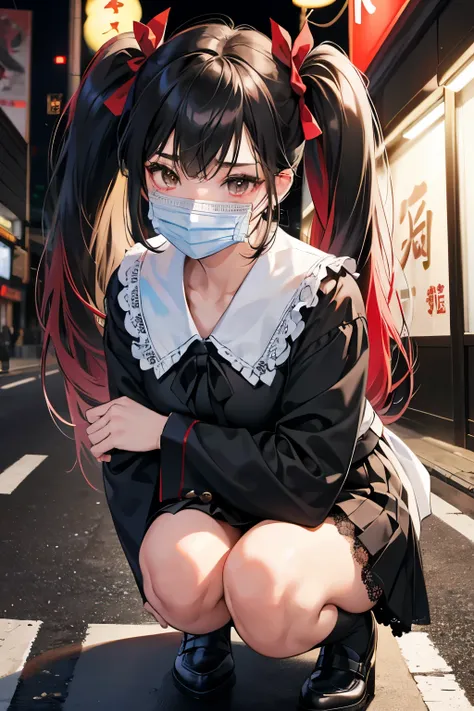 8k,masterpiece,best quality,Kabukicho、night,japanese girl,Twin tails、downer,buckle suspension short skirt,white blouse with lace,black tie_ribbon,Red eyeshadow,downer, squatting　in the street,(Black Mask)from front,look at viewer