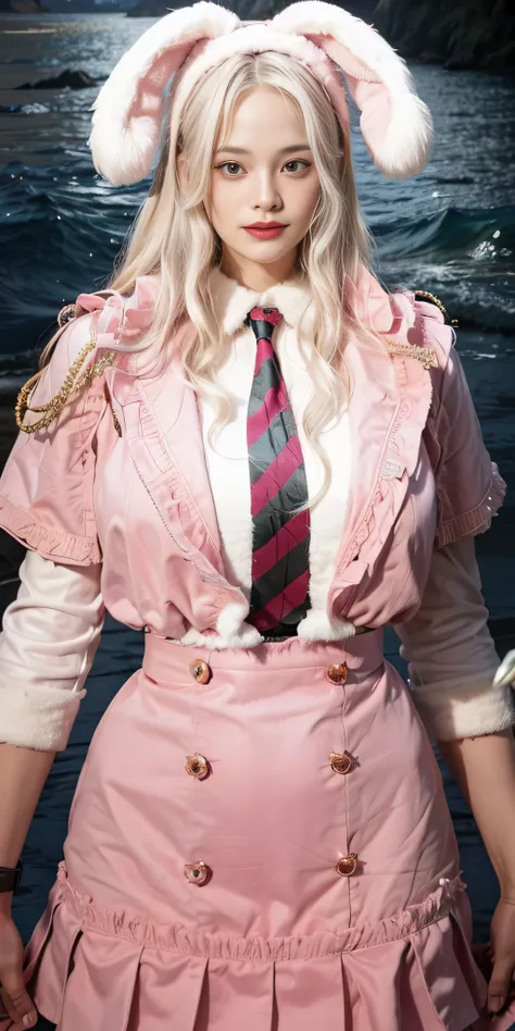 there is a woman in a pink dress and a bunny ears hat, very detailed and rich clothing, magic , pink and pink details, loose coat collar sailor uniform, sailor uniform, ((wearing aristocrat robe)), wearing a noblewomans outfit, well - detailed outfit, wear...