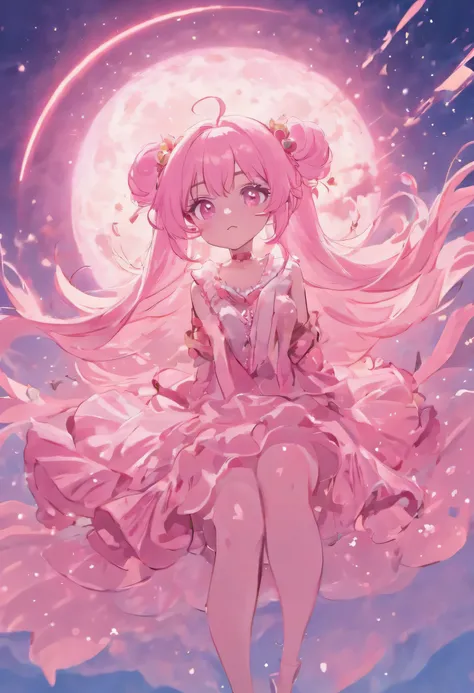 Illustration Style，Big pink moon and sky，Soft pink clouds，Sparkling waves，A rose floating in a sea of pink，Fantasy Diamond and Crown，Cosmos，Gentle soft lighting,masterpiece, highest quality, High resolution, {Detailed and beautiful eyes}, finely,  Detailed...