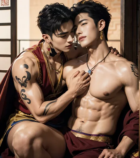 Two  handsome boys kissing, smiling at each other,hugging, kissing, touching lips, cuddle, romantic,skin ship, Chinese Men God, Mythology, realistic, Chinese odyssy, super Handsome,manly,  kpop idol, handsome korean actor, 20 years old,, detailed face, man...