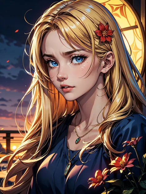 (​masterpiece),(top-quality:1.2),1girl in,(masuter piece:1.3),exquisitedetails, Highest quality 8K resolution, Ultra-detailed, Realistic, Vibrant colors, Soft tones, With warm and gentle lighting,early evening,Big sunset,(Smooth straight blonde hair:1.2),(...