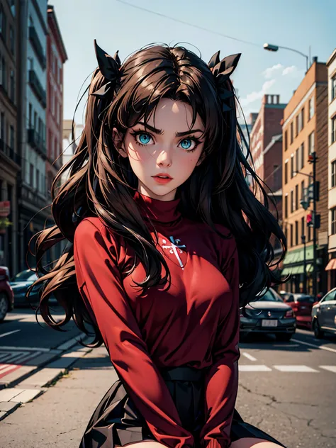 (masterpiece), best quality, expressive eyes, perfect face, 1girl, solo, rintohsaka, rin tohsaka, aqua eyes, black hair, hair ri...