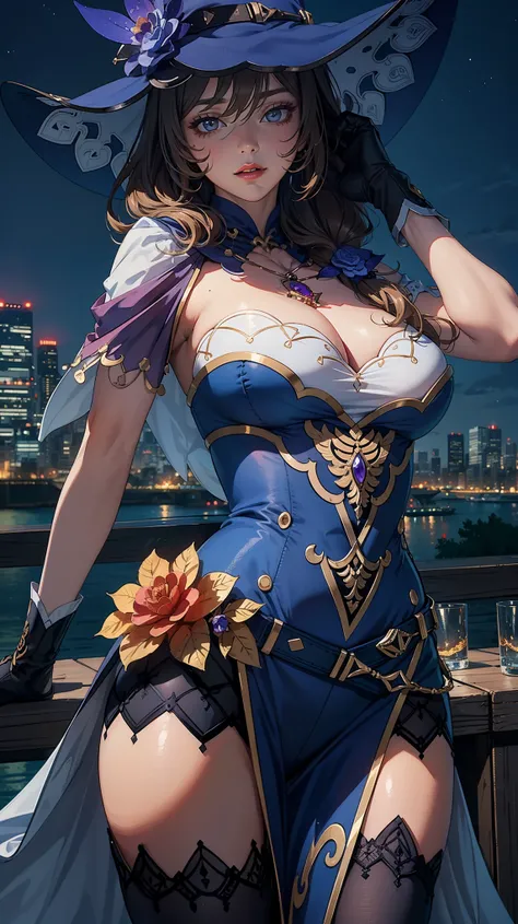 Masterpiece, ultra detail, high quality, 8k cg, lisadef, blush, bright eyes, detail face, dynamic poses,night city view background, looking at viewer, huge breast, super detailed, red lip, make up,