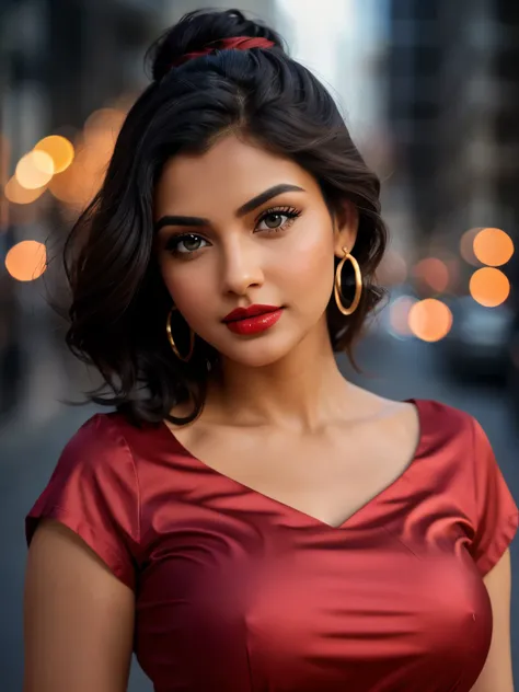 big , night bokeh effect background, perfect pink eyes, fantastic face, Indian, beautiful look, ((red lips, bright eyes, curve heir 1.5)), ((beautiful details body)), A glorious gorgeous, glorious gorgeous face, pretty face, bright eyes, detailed elegant p...