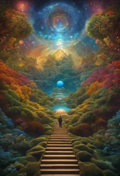 Artistic representation of idealism, illustrating mans comprehension of the eternal nature of existence as an existential goal, colorful, detailed, surreal, metaphysical, mystic, intersubjective, universal, cosmic, symmetry, tessellation, fractal, intricat...