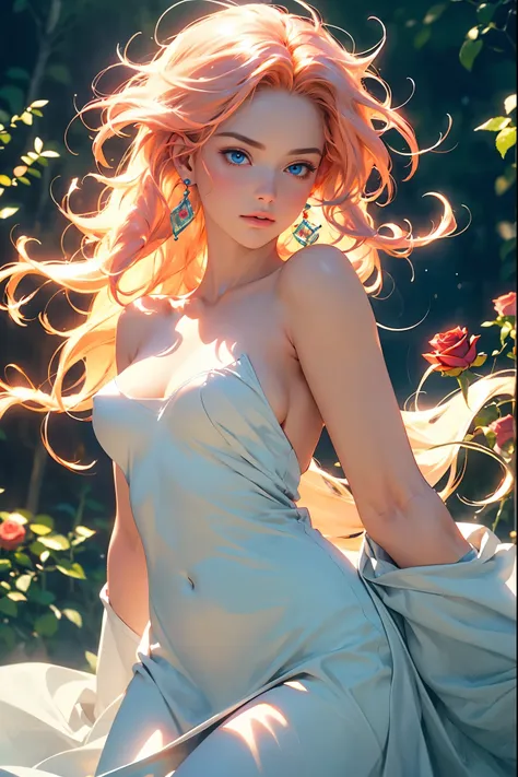 ((best quality)), ((masterpiece)), (detailed), detailed skin, sapphire eyes, long peach hair with thick waves, fluid dynamics, b...