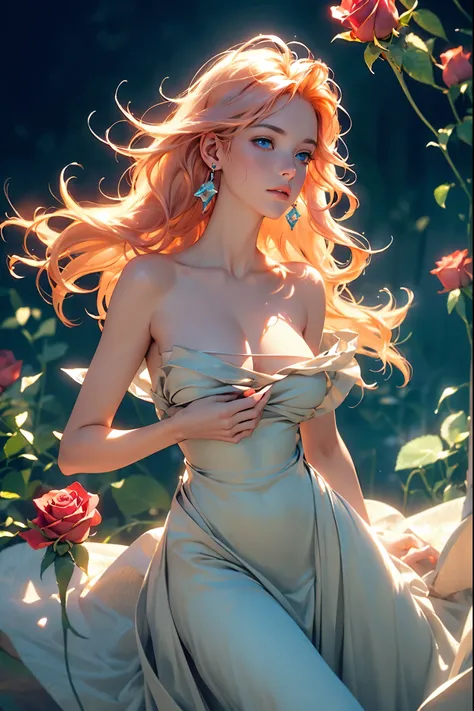 ((best quality)), ((masterpiece)), (detailed), detailed skin, sapphire eyes, long peach hair with thick waves, fluid dynamics, b...