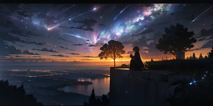 Sky, Star (Sky), landscape, Starry Sky, night, 1 Girl, night Sky, Solitary, outdoor, architecture, cloud, Milky Way, sitting, Tree, Long hair, City, contour, Cityscape，Meteor Showers