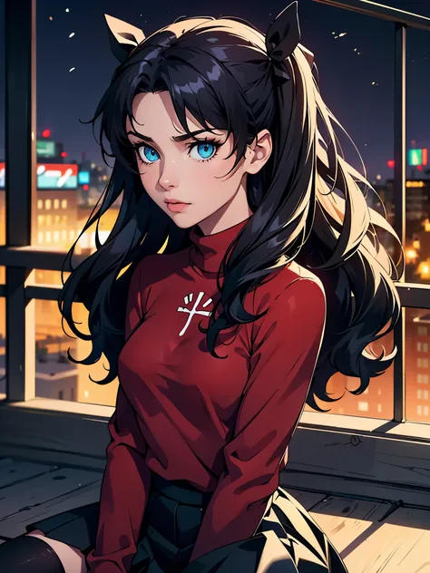 (masterpiece), best quality, expressive eyes, perfect face, 1girl, solo, rintohsaka, rin tohsaka, aqua eyes, black hair, hair ribbon, long hair, ribbon, sidelocks, two side up, black skirt, black thighhighs, long sleeves, miniskirt, pleated skirt, ((red sw...