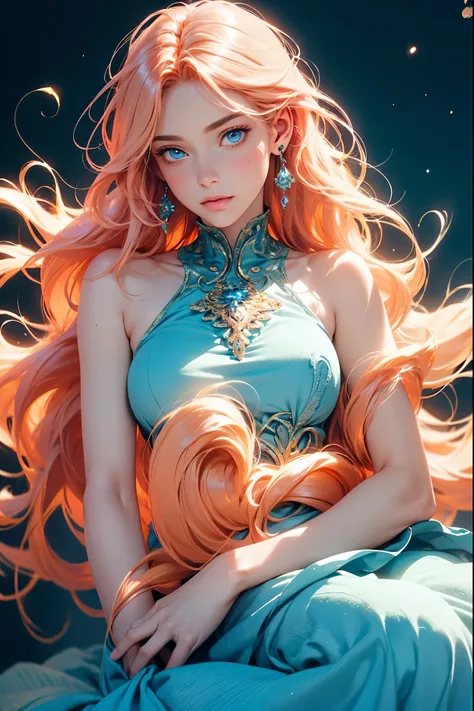 ((best quality)), ((masterpiece)), (detailed), detailed skin, sapphire eyes, long peach hair with thick waves, fluid dynamics, b...