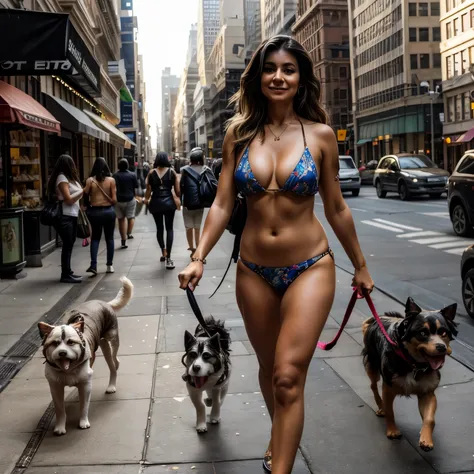 A beautiful mature Colombian lady walking many dogs on 5th ave. In nyc  dressed in bikini realistic 