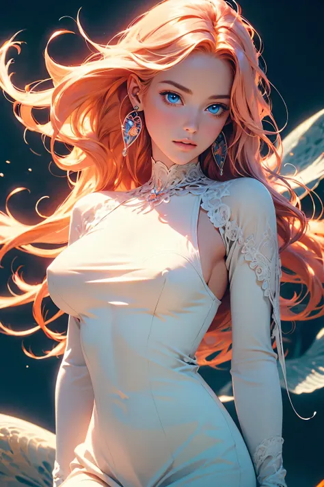 ((best quality)), ((masterpiece)), (detailed), detailed skin, Sapphire Eyes, Long Peach hair with thick waves, fluid dynamics, big breasts, brilliant golden halo, creative, tangled, get caught in, High_Lips, (fractal art:1.1), (aquamarine), (pink hair), (o...