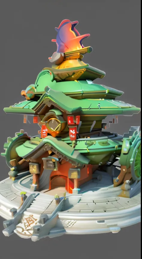 a photo of an asian building, green roof，red wall，chinese architectural style，japanese architecture，adopt 3d game art style, whi...