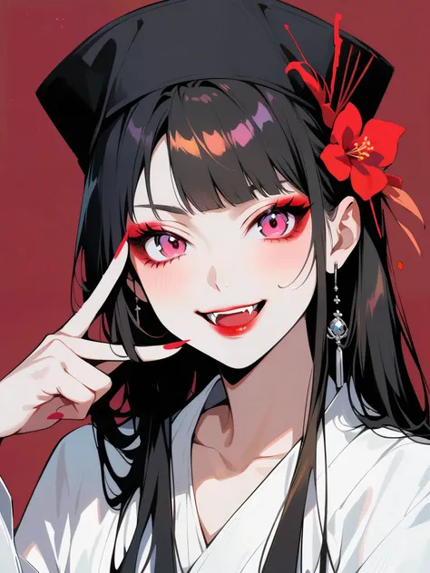 A beautiful Japanese woman with pink eyes, Long eyelashes and red lips，dressed in white Hanfu，Similar makeup to Ueno Yosuke，Selfie on Instagram，Vampire fangs protruding from between fingers. She has fair skin，Wearing a black hat decorated with flowers. Bac...