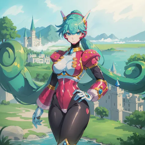 marino_megamanx, 1girl, green hair, blue eyes, ponytail, detailed face, breasts, high quality, masterpiece, standing next to a swamp and castle surrounded by mist, outdoors, tree, solo, from behind, bird, facing away, scenery