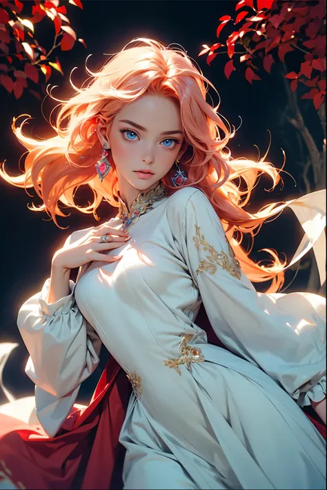((best quality)), ((masterpiece)), (detailed), detailed skin, Sapphire Eyes, Long Peach hair with thick waves, fluid dynamics, big breasts, brilliant golden halo, creative, tangled, get caught in, High_Lips, (fractal art:1.1), (aquamarine), (pink hair), (o...