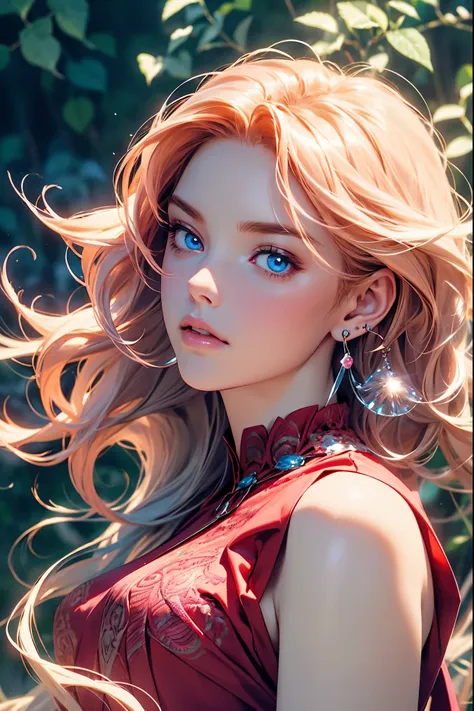 ((best quality)), ((masterpiece)), (detailed), detailed skin, sapphire eyes, long peach hair with thick waves, fluid dynamics, b...