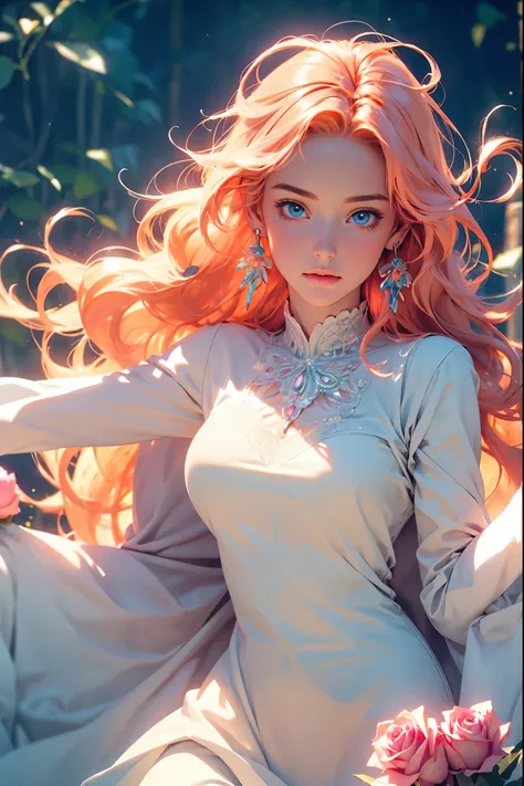 ((best quality)), ((masterpiece)), (detailed), detailed skin, sapphire eyes, long peach hair with thick waves, fluid dynamics, b...