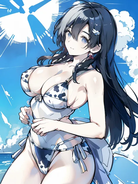 Cow print bikini、Beautiful woman、big breasted woman、Big Breasts、Sexy Swimwear、Against the backdrop of blue sky、