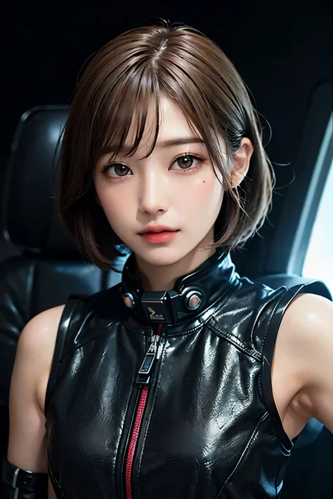 Ultra-high resolution、(Real:1.4)、Beautiful woman１、cyborg、Beautifully detailed eyes and skin、Light brown short hair、cyborg、Full space suit、Space Station、Spaceship、Sci-Fi Taste、Movie quality、