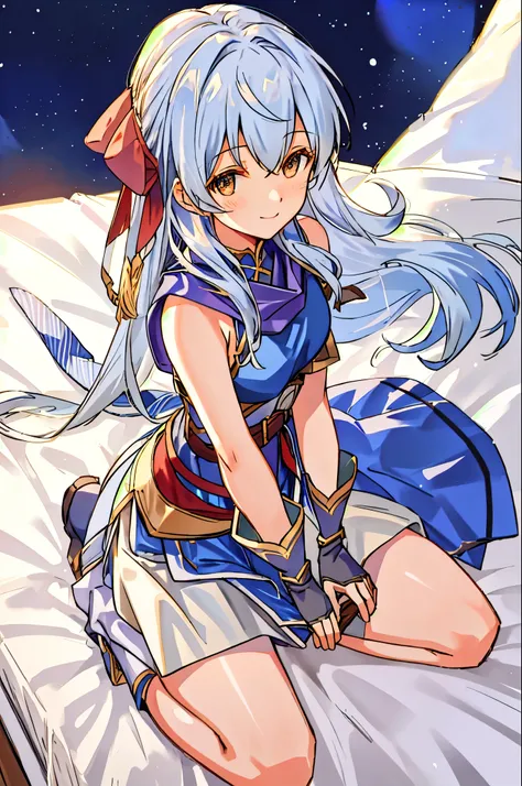 micaiah fe, 1girl, solo, looking at viewer, sitting, seiza, on bed, seductive smile, dress, bare shoulders, ribbon, pantyhose, gloves, belt, blue scarf, sleeveless, gloves, thick thighs