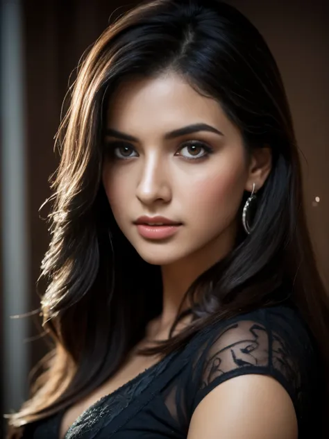 20 years old, Portrait of A confident-looking indian girl long flowing hair, (facing,90 degree to camera, looking at camera) hazel and brown big eyes, sitting on sofa, close up face, beautiful detailed nose, sexy detailed lips, (detailed skin texture), bok...