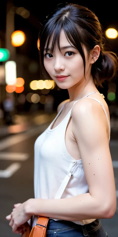 1 Girl, Tokyo Street,night, Streetscape,City lights,Upper Body,close,smile,, (8K, Raw photo, highest quality, masterpiece:1.2),(Realistic, photo-Realistic:1.37),