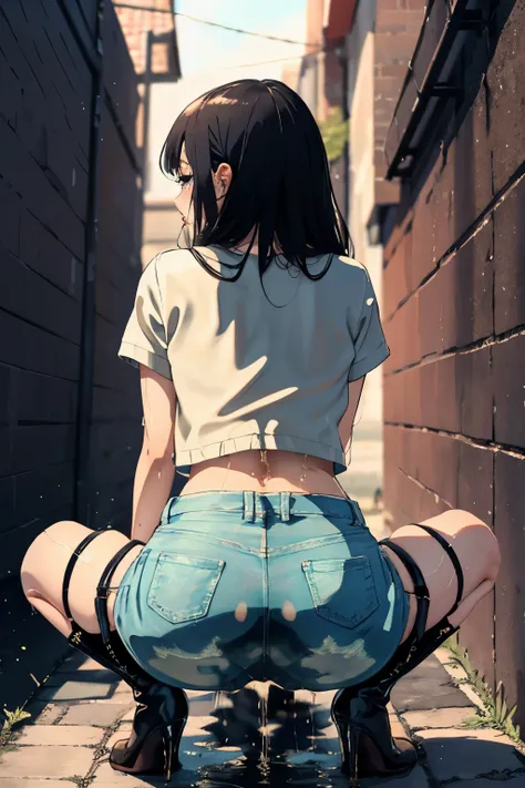 anime, best quality, high quality, highres, beautiful women, high detail, good lighting, lewd, hentai, (no nudity), (((((jean shorts))))), ((tight leather top)), (((leather thigh high boots))), bare midriff, (wet shorts), (((wetting herself))), (((peeing h...