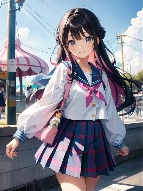 hightquality、Three Beautiful Girls、kawaii hair style、Cute hair colors、Cute colored sailor suit、white sailor collar、Cute plaid pleated skirt、Cute colored school cardigan、An amusement park、 Dancing with a sly smile、panthyhose、pantie shot