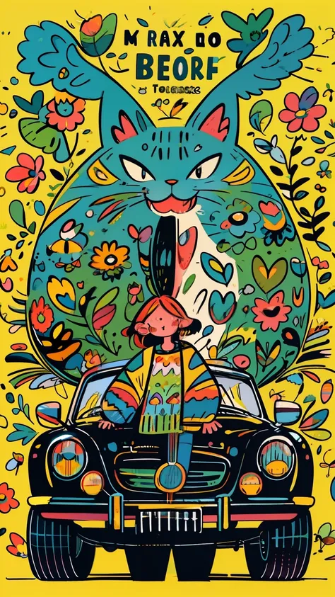 car poster，Modern cars，flowers, artwork, Colorfull illustration, Poster art style, Poster illustration, Color illustrations, Hand drawn cartoon art style, Illustration poster, Digital illustration style, The editorial illustrations are colorful, Whimsical ...