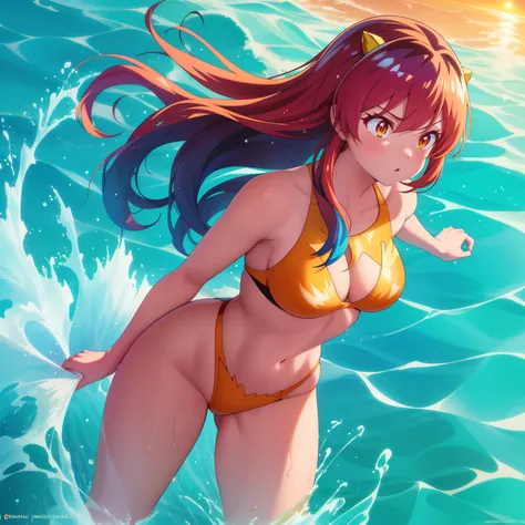 Anime girl engaged in an intense fight in the middle of the tranquil sea, donning a vibrant swimsuit that accentuates her curves. The sun sets in the background, casting a golden glow on the waters surface and illuminating every intricate detail of her hig...