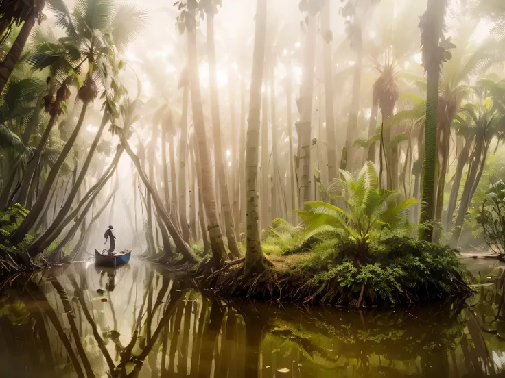 A man is riding a boat in a river surrounded by coconut trees, An artistic swamp filled with mysterious fog, Misty Swamp, Mysterious Coconut Grove Lagoon, in a foggy pond, Misty Jungle, Swamp Forest, fog swamp, in a foggy pond, Vietnamese jungle beautiful,...