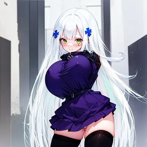 (solo), (416_GirlsFrontline), skinny girl, BREAK, (disproportionately huge breasts:1.5), bursting breasts, narrow shoulders, narrow waist, (skinny long legs), arms behind back, BREAK, (dark purple jacket), (flapping very short high-waist skirt), thigh gap,...