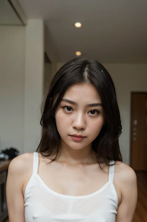 ((Girl vietnamese)), (detailed), perfect face, in the rooms, croptop, no makeup, short jean, sirdown, white skin, innocent face, black hair