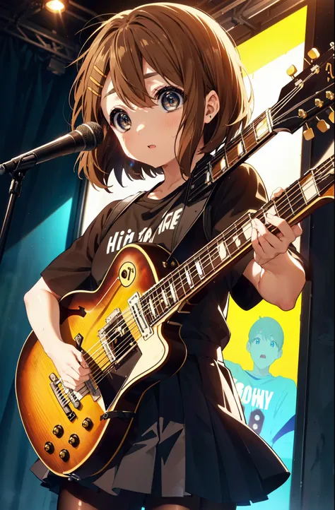 yuihirasawa, Yui Hirasawa, short hair, Brown Hair, hair ornaments, (Brown eyes:1.5),Sweat,Wet clothes,Wet Skin,black print t shirt, Black pleated skirt,Black pantyhose,Brown loafers,Hair Clip,guitar(Gibson　Les Paul)flip,stage,Singing with your mouth open,S...