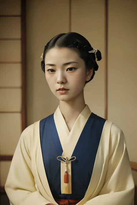 Kioto, 1944. A young ((((24-year-old)) Sayuri)), strikingly beautiful, delicate facial features, porcelain skin, expressive eyes, ((fear expression)), ((((japanese clothings from the 1930s)))), ((hairstyle of the 1930s)), colorful