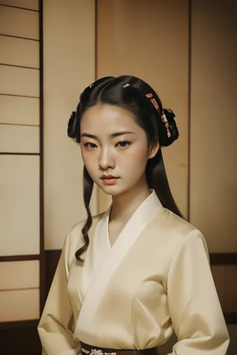 Kioto, 1944. A young ((((24-year-old)) Sayuri)), strikingly beautiful, delicate facial features, porcelain skin, expressive eyes, ((fear expression)), ((((japanese clothings from the 1940s)))), ((hairstyle of the 1940s)), colorful