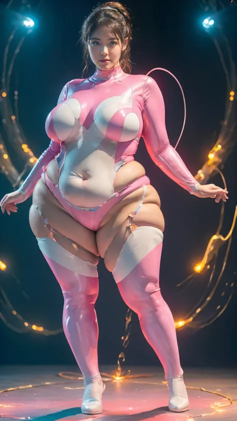 (highest quality、8k、32k、masterpiece、Ultra-high resolution:1.2、Perfect body beauty:1.2、Wearing a futuristic hero suit that glows in pale pink and white:1.5、rain、street、かわいい25歳のWhite woman、Big and ample breasts:1.5、front、Simple Background、Looking at the audi...