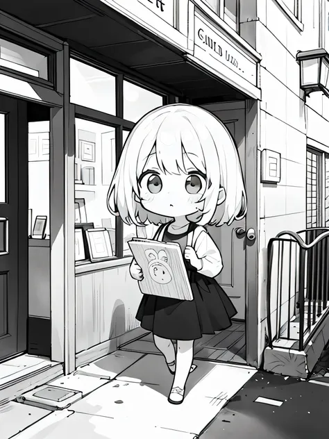 ((black and white antistress coloring book)) ((Girl on the street)) near the entrance door to the cottage.  Kawaii Design、The Most Beautiful Girl in the World, chibi, White hair, seal, a lot of details
