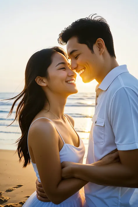 In an idyllic scene on the beach, the gentle morning sunlight tenderly envelops a Vietnamese couple, their faces beaming with radiant smiles that mirror the endless joy and contentment etched into their lines and creases. The passage of time, marked by 20 ...