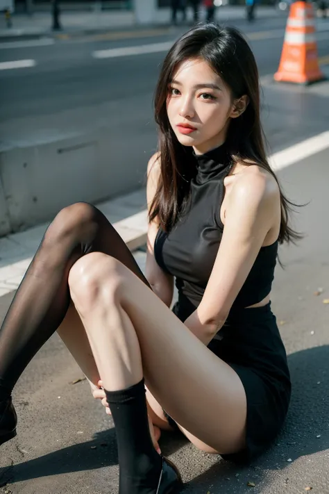 Professional female legs wearing black stockings，Thin，Slender，Sexy attire，Shoulder-length hair，Intellectual Beauty，Exquisite facial features，whole body，Street Photography ((best quality)), ((masterpiece)), (detailed), Perfect face