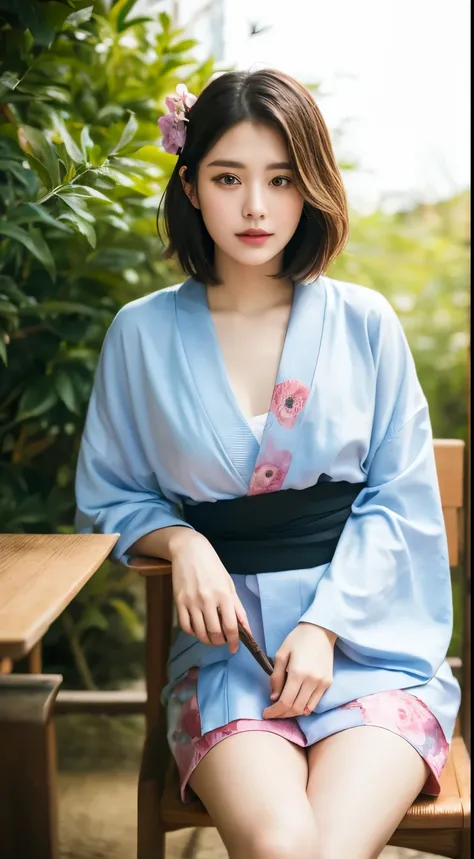 ulzzang-6500-v1.1, (Raw photo:1.2), (Photorealistic), (Genuine:1.4), (Mastepiece), there is a woman In kimono sitting on a chair, in kimono, Mature Woman, wear Kimono, Beasts, Flower Hair Ornaments, yukata, In kimono, Japanese style, wearing a haori, mitsu...