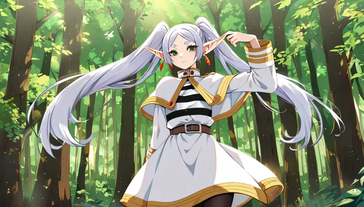 1girl, sousou no frieren, Frieren, silver hair, elf, pointed ear, green eyes, long hair, twintails, earrings, white capelet, striped shirt, horizontal stripes, long sleeves, belt, white skirt, gold-trim, black pantyhose, hand on hair, outdoors, forest