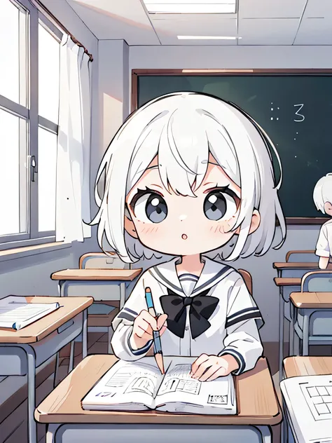 ((black and white antistress coloring book)) ((girl at school with classmates)) Kawaii Design、The Most Beautiful Girl in the World, chibi, White hair, behind desks, class of children, a lot of details
