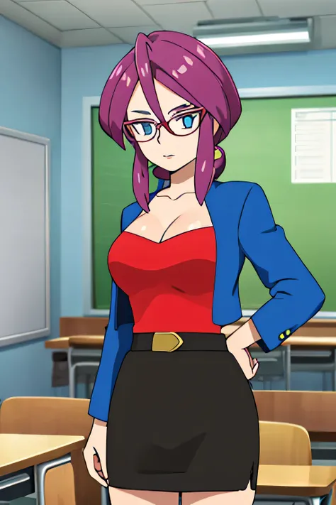 masterpiece, best quality, highres, animelorelei, purple hair, blue eyes, hair between eyes, glasses, blue jacket, red shirt, cl...