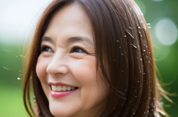 myself　woman　50 years old　Brown bob hair　Brown Hair　Beautiful straight hair　 Shiny Hair　Japan　(It rained and I got wet, Raindrops, Wet body :1.2)　It&#39;s raining outside ( sharp ), (Facing the children_v1:0.7), (8k, highest quality), Unconscious, Please o...