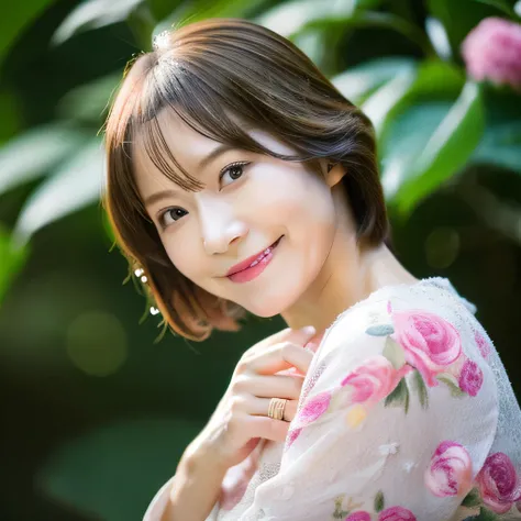 Upper Body　Personal　woman　45 years old　Bob Hair　Brown Hair　beautiful hair shiny hair　Japan rainy season　short hair　Water droplets on the hair　(It rained and I got wet, Raindrops, Wet body :1.2)　It&#39;s raining outside( sharpen ), (Purelos Face_v1:0.7), (8...