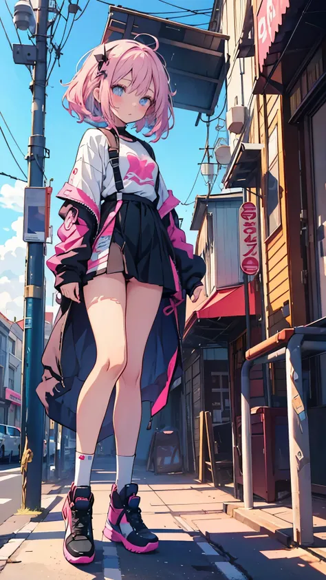 sketch,anime screencap,(black abd pink:fusion between pop art and art deco styles), loose lines, bold lines, on paper, in an ancient city, Full body, Beautiful anime waifu style 1girl, cinematic action, highly detailed, realistic, Isometric, this image wit...