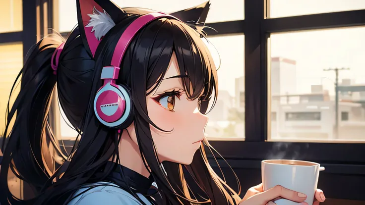 Profile of a beautiful girl wearing cat ear headphones drinking coffee、Japanese anime style、Stylish cafe